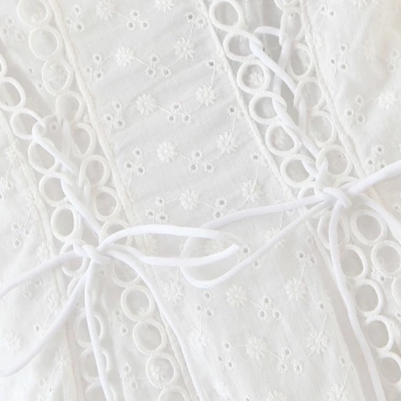 V Neck Crochet Eyelet LaceUp Boho Mini Dress White - Picture 8 of 11